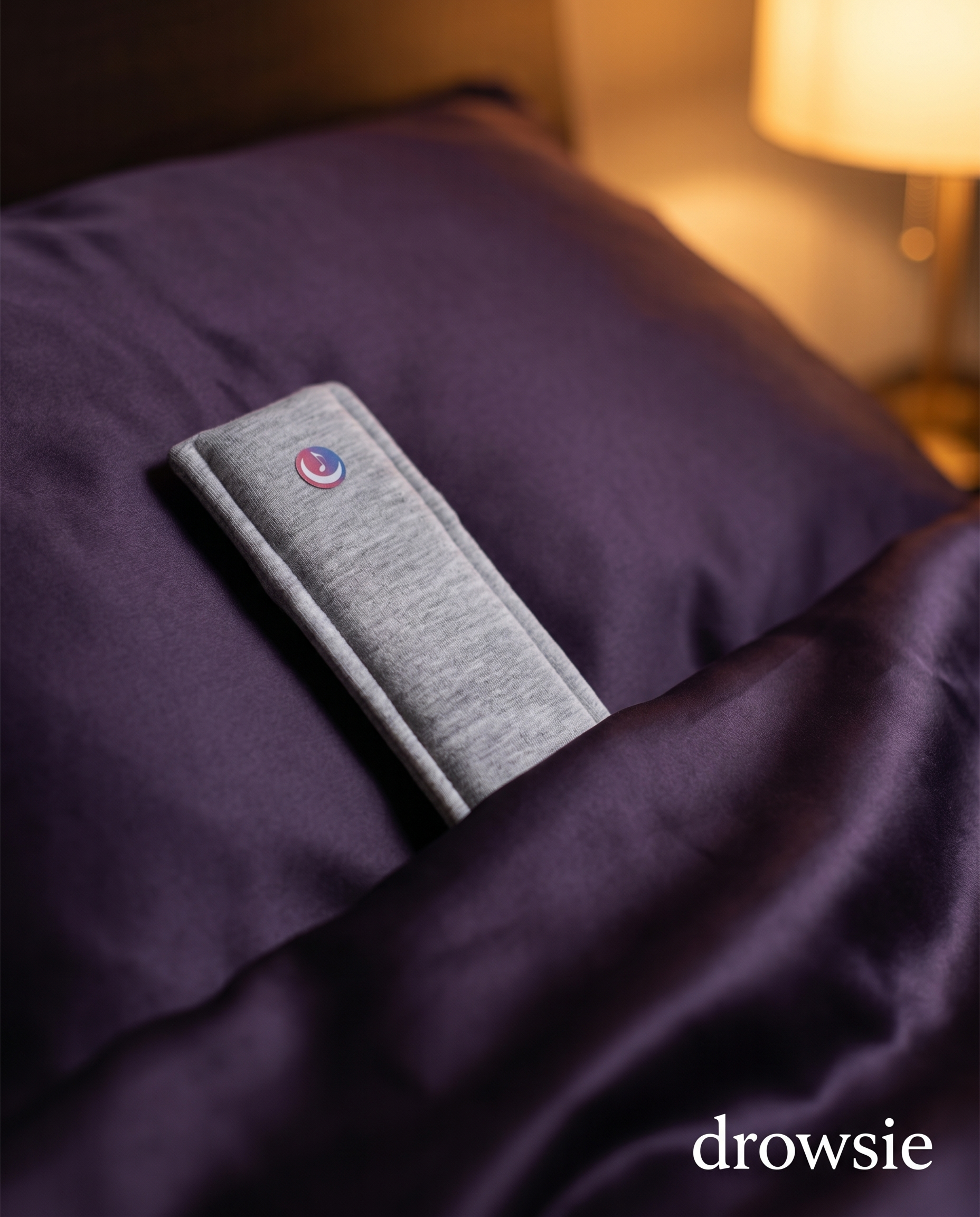 The slim Drowsie pillow speaker on deep purple bedding