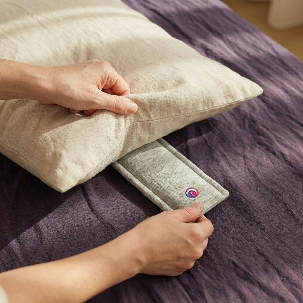 The Drowsie pillow speaker, revealed under a white waffle-knit pillow